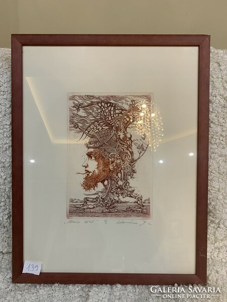 Modern, burgundy etching picture 44.5 x 57.5 cm framed
