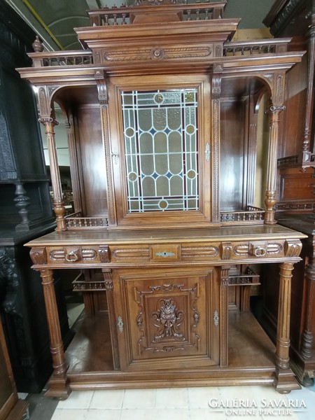 Neo-Renaissance stained glass walnut sideboard