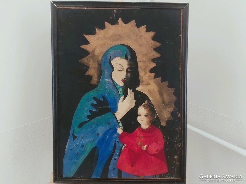 (K)  Régi szignózott szentkép festmény 47x65 cm kerettel