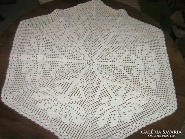 Beautiful white antique hand crocheted floral hexagon tablecloth