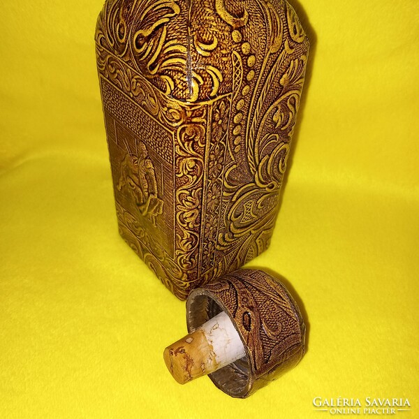 Spanish-marked, leather-covered, corked bottle, brandy bottle. Decorative glass.