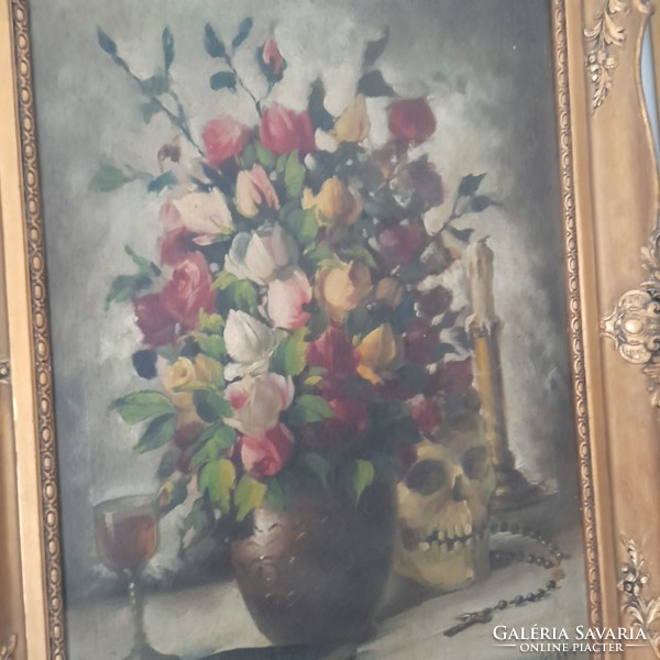 Olajvászon Festmény Keretében - Virágcsendélet Koponya Rózsafüzér