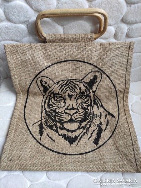 Tigris portrés rattan fogantyús zsák vászon kézi táska szatyor