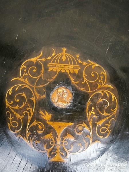 Antik 1800-as Boulle réz intarziás Asztalka, Ferenc József Császár dísz, Dohányzó, Szalon asztalka