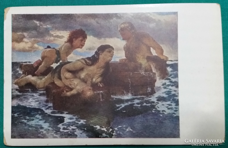 Művészeti képeslap - Arnold Böcklin művész: Tengeri idill, fiatal család fürdőzés a tengerben