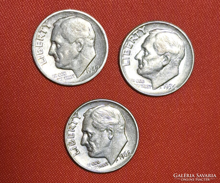 1948, 1954, 1962. Usa silver 1 dime 3 pieces (768)