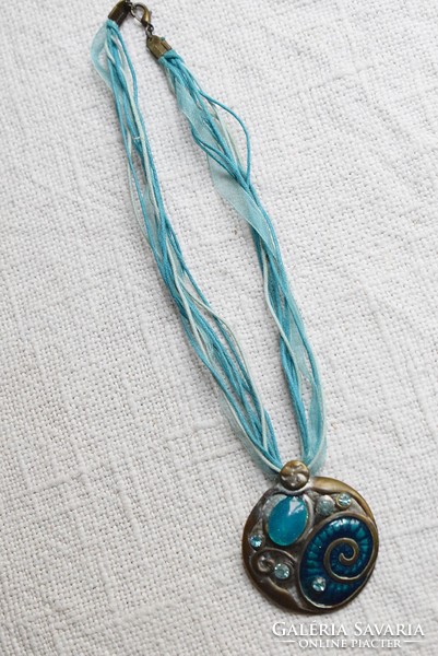 Necklace hippy style, textile ribbon, bronze pendant pearl and enamel decoration 42 cm, 4.8 cm pendant