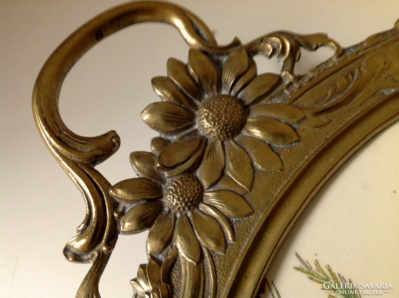 Faience tray in a massive, decorative copper frame