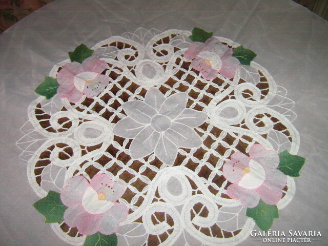 Beautiful vintage rose tablecloth with sewn embroidery
