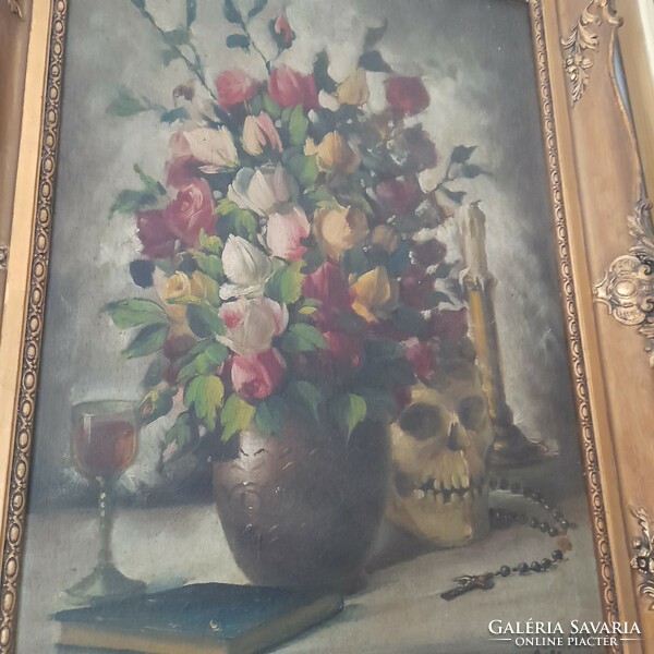 Oil canvas painting frame - floral still life skull rosary