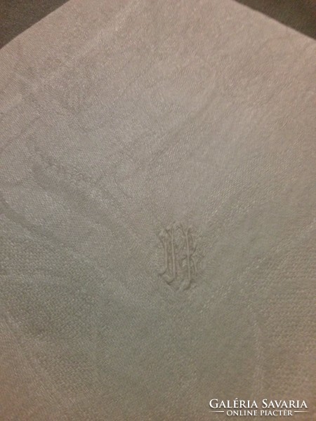 Szép damaszt szalvéta monogram hímzéssel, virágos motívum, hibátlan, 100 éves (4)