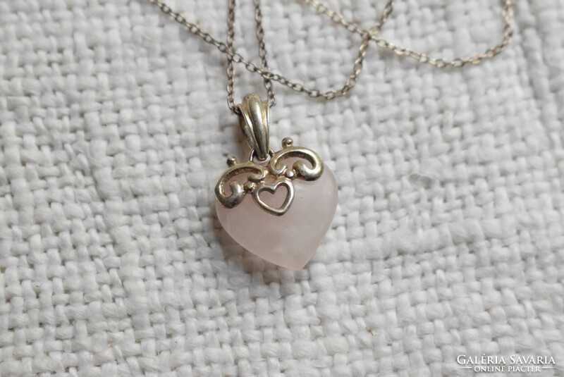 Necklace heart-shaped rose quartz stone pendant, 48 cm, silver