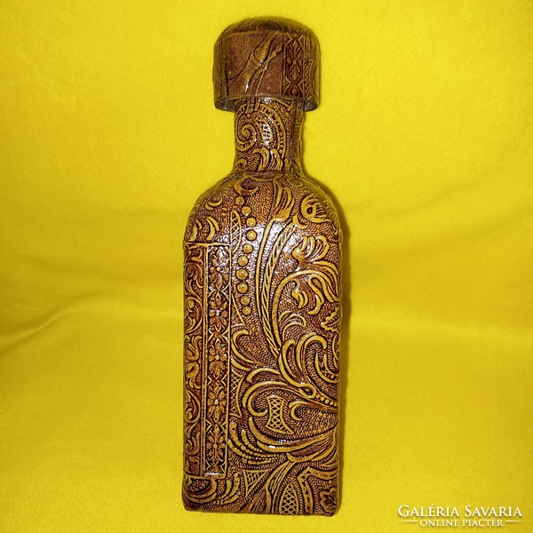Spanish-marked, leather-covered, corked bottle, brandy bottle. Decorative glass.