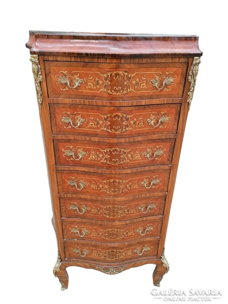 Inlaid 7-drawer tall chest of drawers with copper appliqués