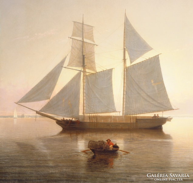 Reproduction of a painting depicting sailboats and boats in a harbor in pastel beige colors