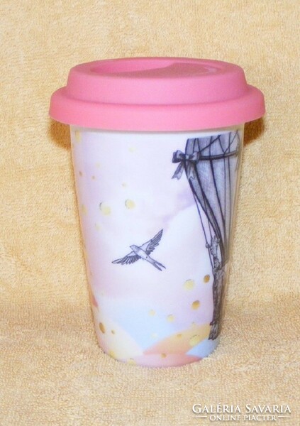 Hőlégballonos, flamingós porcelán pohár szilikon tetővel