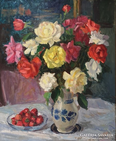Miklós Kisgyörgy: still life with roses and strawberries. Signed oil painting.