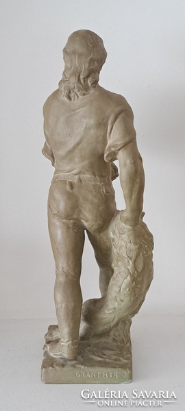 Jenő Grantner: Toldi with the wolf - terracotta sculpture, 36 cm
