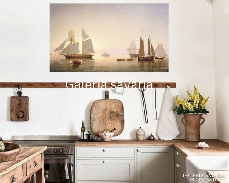 Reproduction of a painting depicting sailboats and boats in a harbor in pastel beige colors