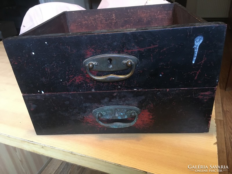 Two old bedside cabinet drawers with copper drawer pulls, one with a locking mechanism (no key included)
