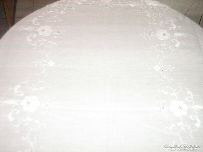 Beautiful crochet lace inlay azure applique with floral white antique tablecloth