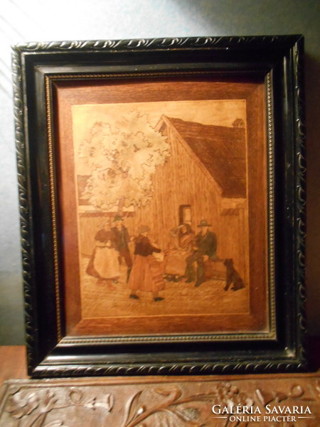 Antique marquetry picture, in original frame - village portrait