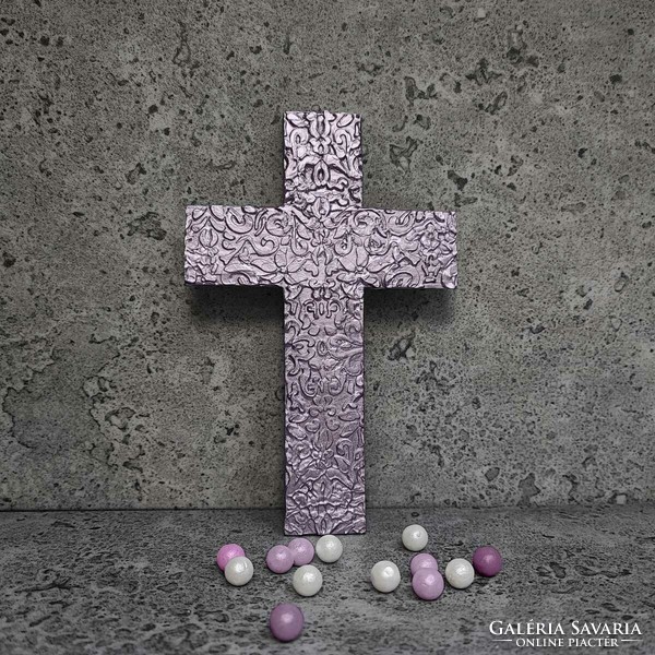 Pilipart, metallic purple handmade wall-hanging cross, 18x12 cm
