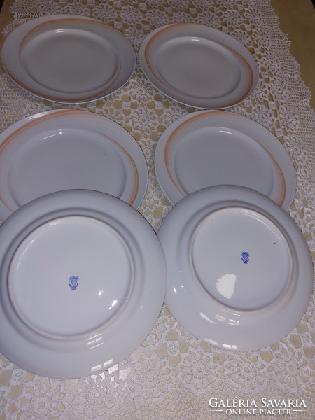 Alföldi, narancs csíkos, lazac színű lapos porcelán tányérok, ritka mintás, 6db