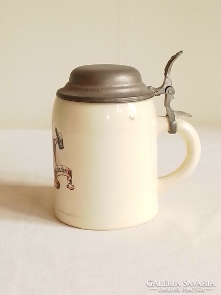 Antique old Munich Bavarian metal covered earthenware ceramic beer mug Krigli bier-stein 9.5 cm