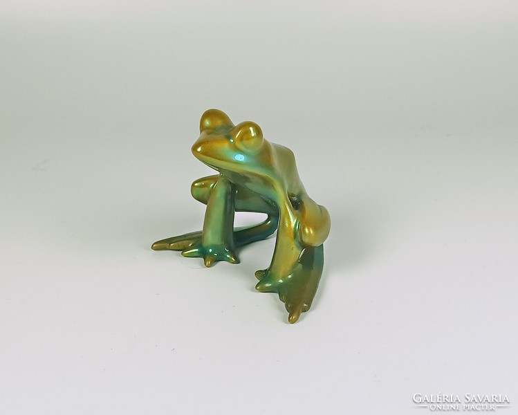 Zsolnay, green eosin glazed porcelain frog, designer Palatine Judit, flawless (b164)
