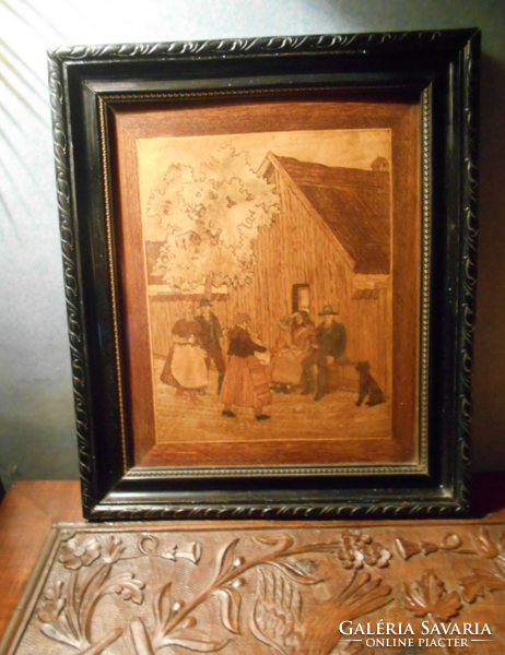 Antique marquetry picture, in original frame - village portrait