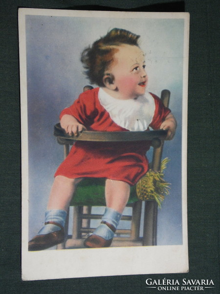 Postcard, Italy, artist, art, child model, in high chair, 1943