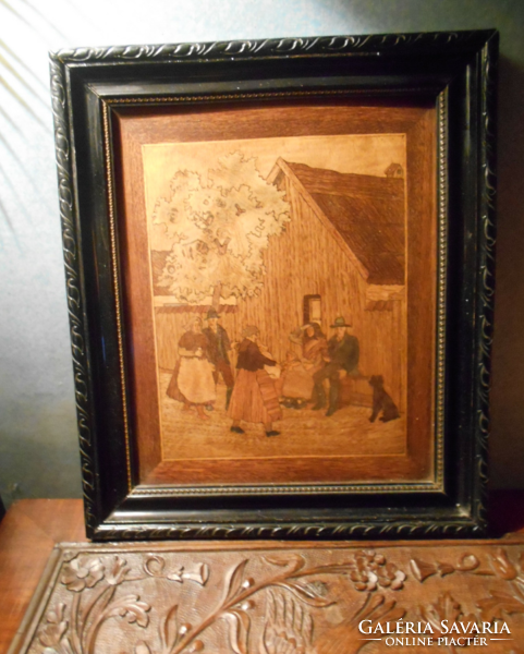 Antique marquetry picture, in original frame - village portrait