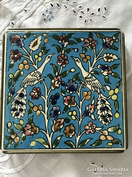 Art Nouveau vintage Italian iris tile in a copper frame 15 x 15 cm