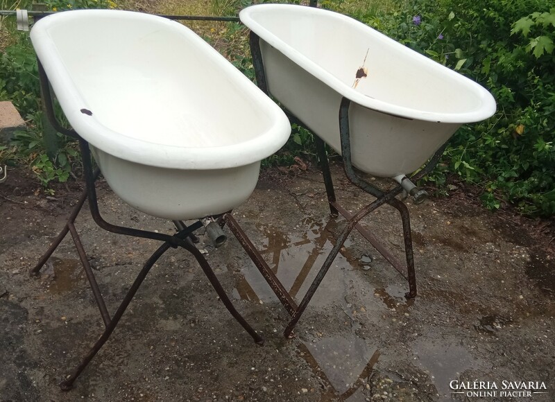 2 enamel baby bathtubs - one lampart and one stone mine - for sale together with a stand