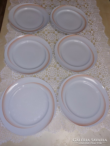 Alföldi, orange-striped, salmon-colored flat porcelain plates, rare pattern, 6 pcs