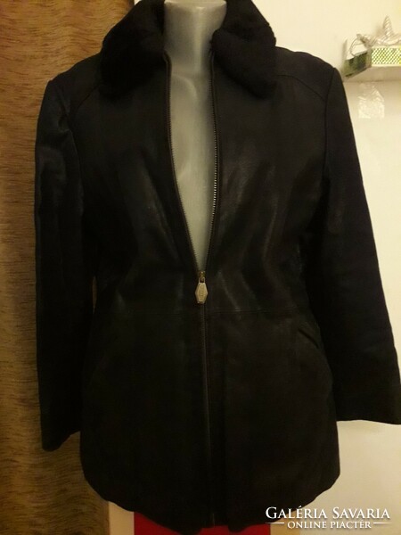 Kenvelo Winter Lining Black Zipper Collar Pocket Leather Coat Jacket 42-44 Brand New