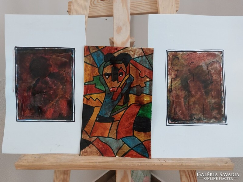 3 abstract, cubist paintings, 2 signed in one for sale