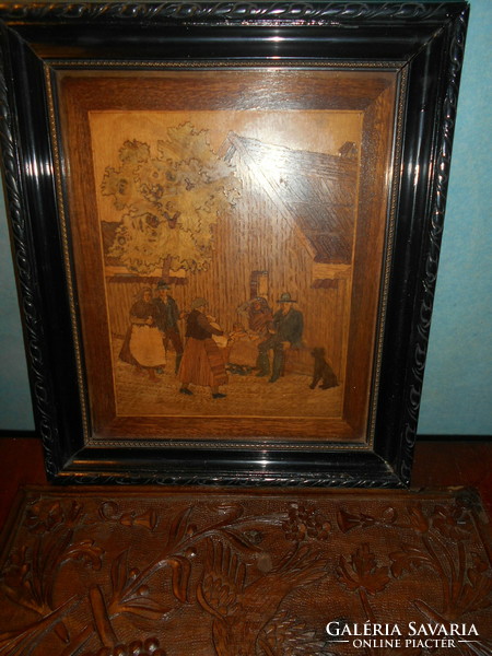 Antique marquetry picture, in original frame - village portrait