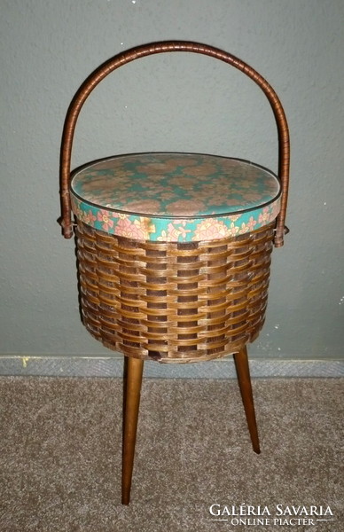 Old woven yarn holder, yarn holder box on legs, or fabric sewing tool storage
