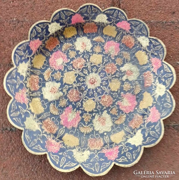 Flower-shaped decorative copper plate with fire enamel painting - copper bowl