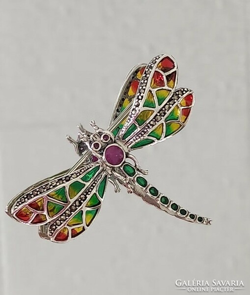 Dragonfly pendant/brooch, large, ruby, marcasite sterling silver 925 - new handcrafted jewelry!