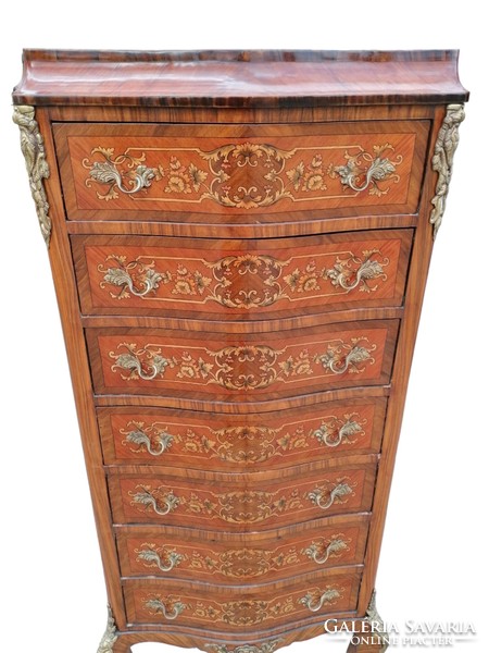 Inlaid 7-drawer tall chest of drawers with copper appliqués