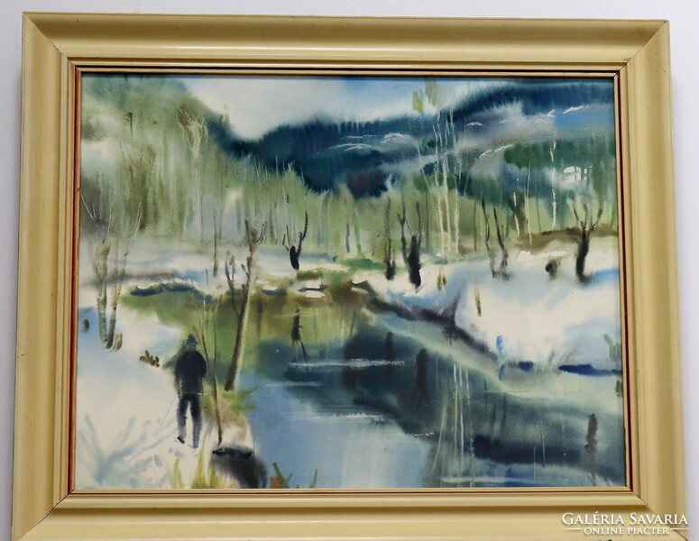 Winter riverside, excellent quality watercolor