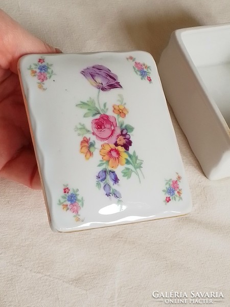 Antique old square white Czech porcelain box, victoria, flower pattern, gold border