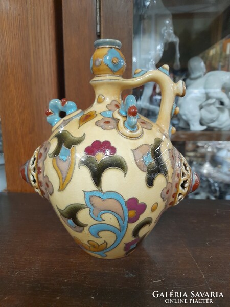 Old Zsolnay family seal, openwork Persian pattern ceramic jug. 19 Cm.