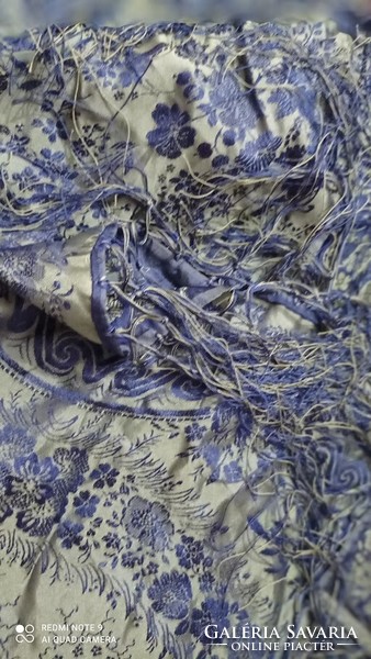 Vintage, old fringed blue-silver silk scarf, Austrian women's scarf