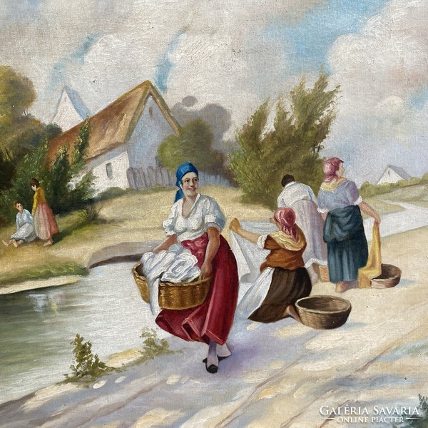 Zsolnay b. Washing women oil painting