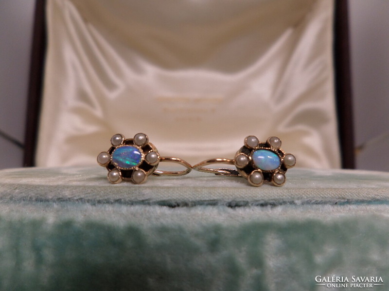 Pair of antique gold earrings with opals and pearls
