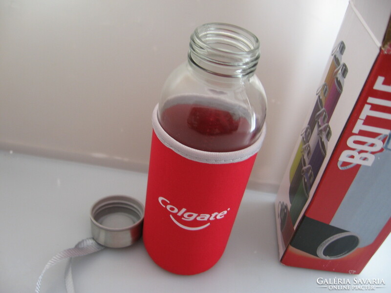 Glass bottle, water bottle in a red neoprene case